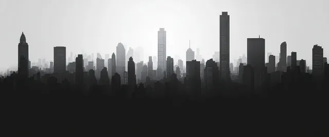 Silhouetted high-rise city skyline against a gray, clouded sky.