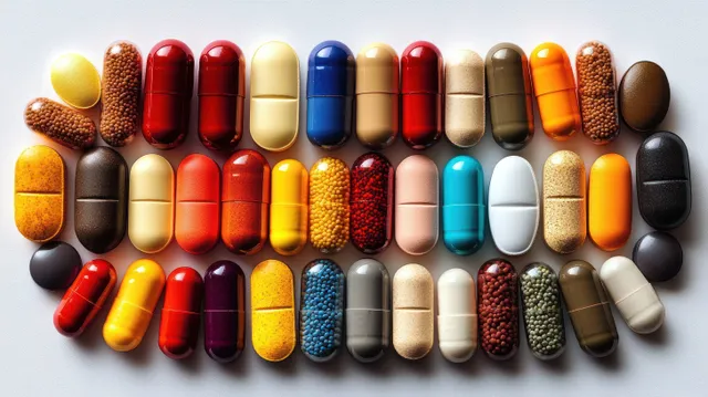Assorted colorful capsules and tablets in neat rows on a white background
