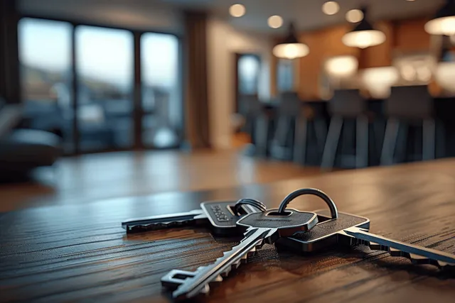Metal keys on a wooden table with a softly blurred apartment living room in the background.
