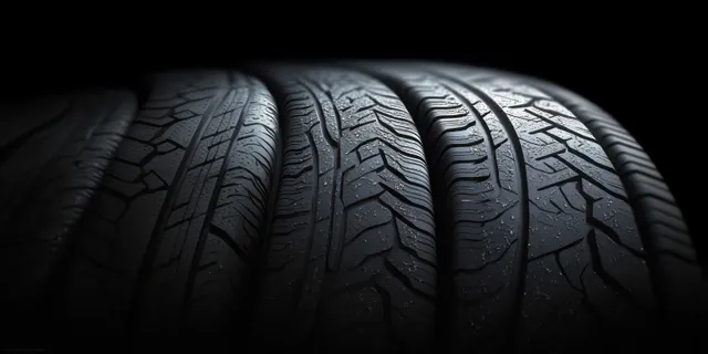 Stacked winter tires fill the frame with detailed tread patterns under dramatic studio lighting.
