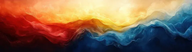 Soft-focus clouds swirl into wave-like bands of red, yellow, and blue resembling blended European and national flags.
