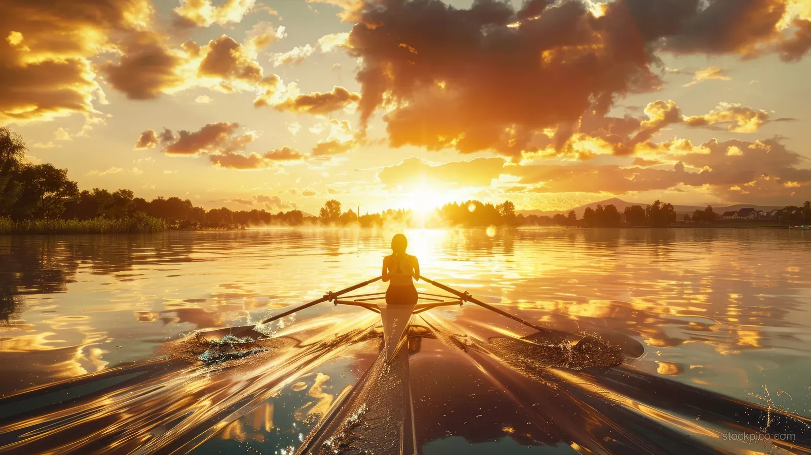 Female rower in a single scull cuts through calm lake water during a golden sunset.