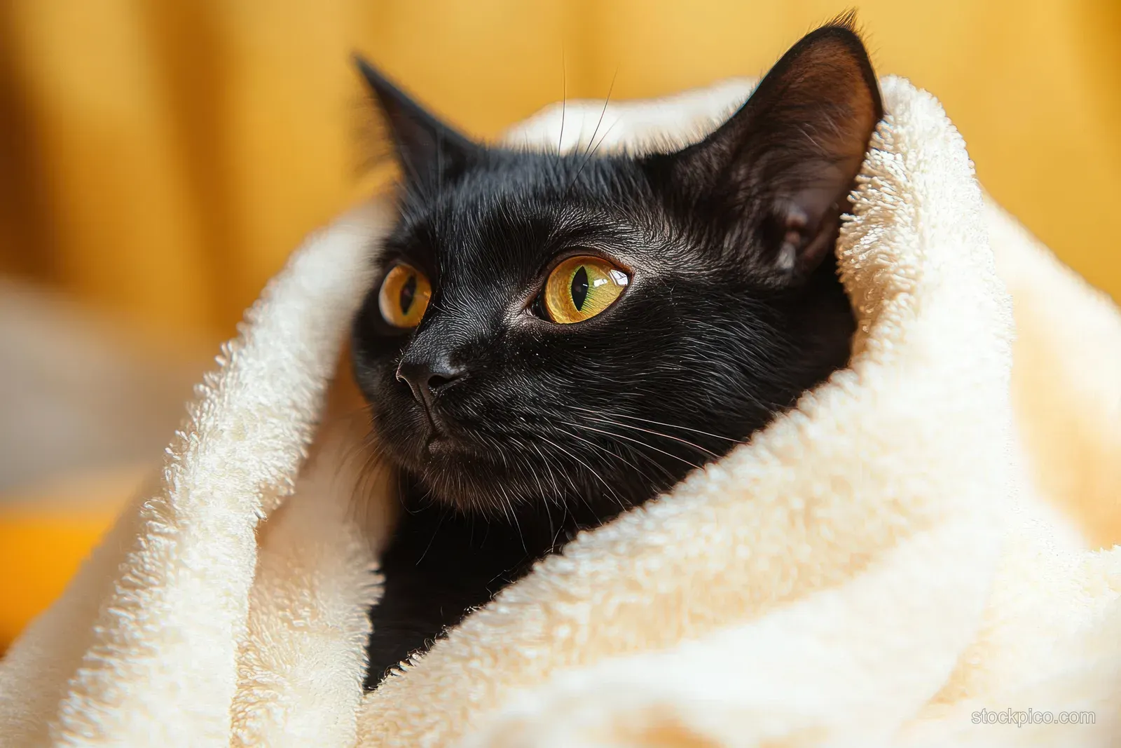 Black cat with yellow eyes wrapped in a beige towel, sitting indoors with an alert curious expression.