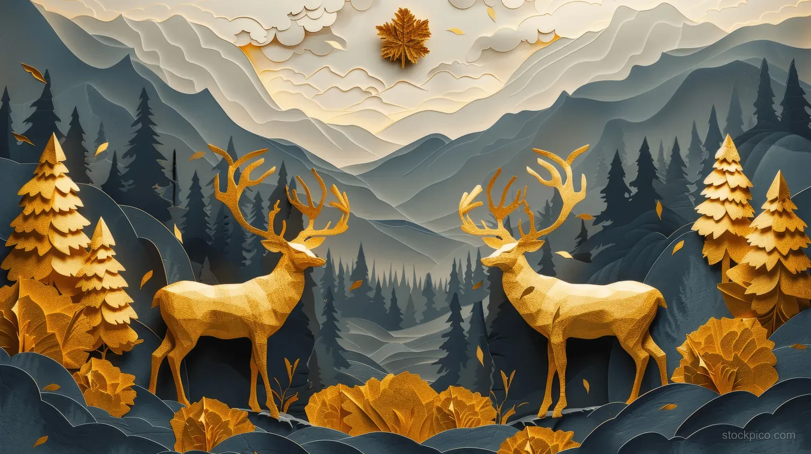 Two golden deer and floating autumn leaves appear in a dark green fantasy forest with mountain silhouettes and layered clouds.