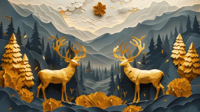 两只金色鹿和飘浮的秋叶出现在深绿色奇幻森林中，背景有山峦剪影和层叠云层。