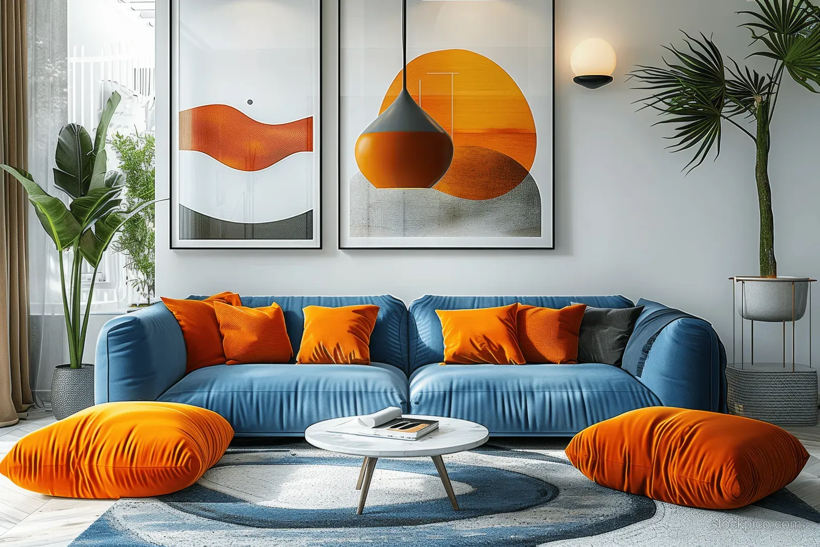 Blue sofa with orange cushions sits in a bright living room beneath framed abstract wall art and a warm pendant lamp.