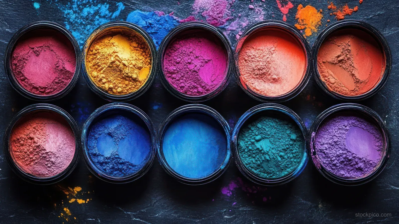 Colorful powdered pigments sit in round jars arranged in two rows on a dark, textured surface.