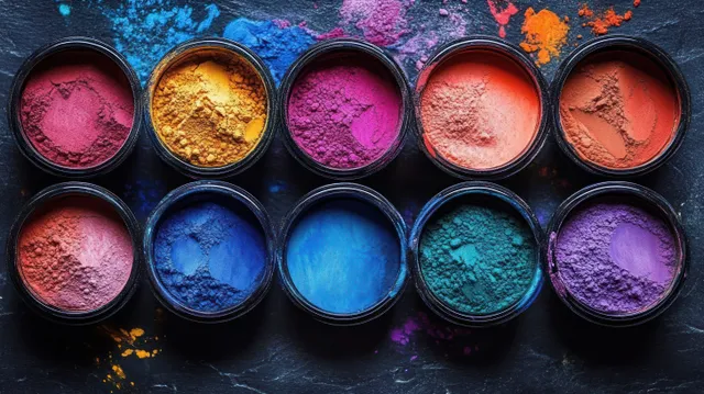 Colorful powdered pigments sit in round jars arranged in two rows on a dark, textured surface.