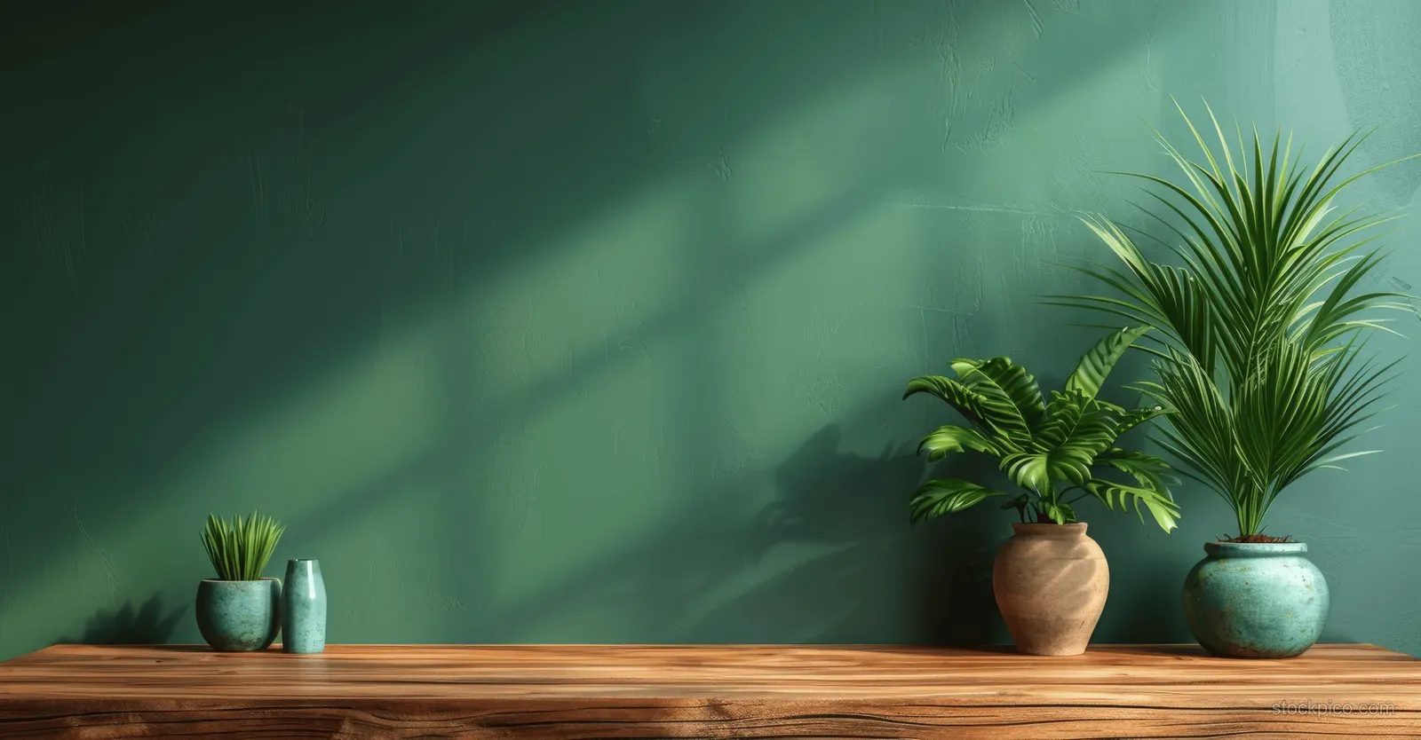 Wooden tabletop with small potted plants against a deep green wall, leaving blank space for text.