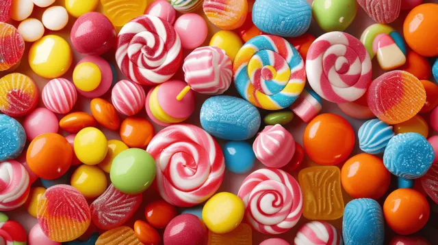 Assorted colorful candies scattered on a bright background with lollipops and jellybeans