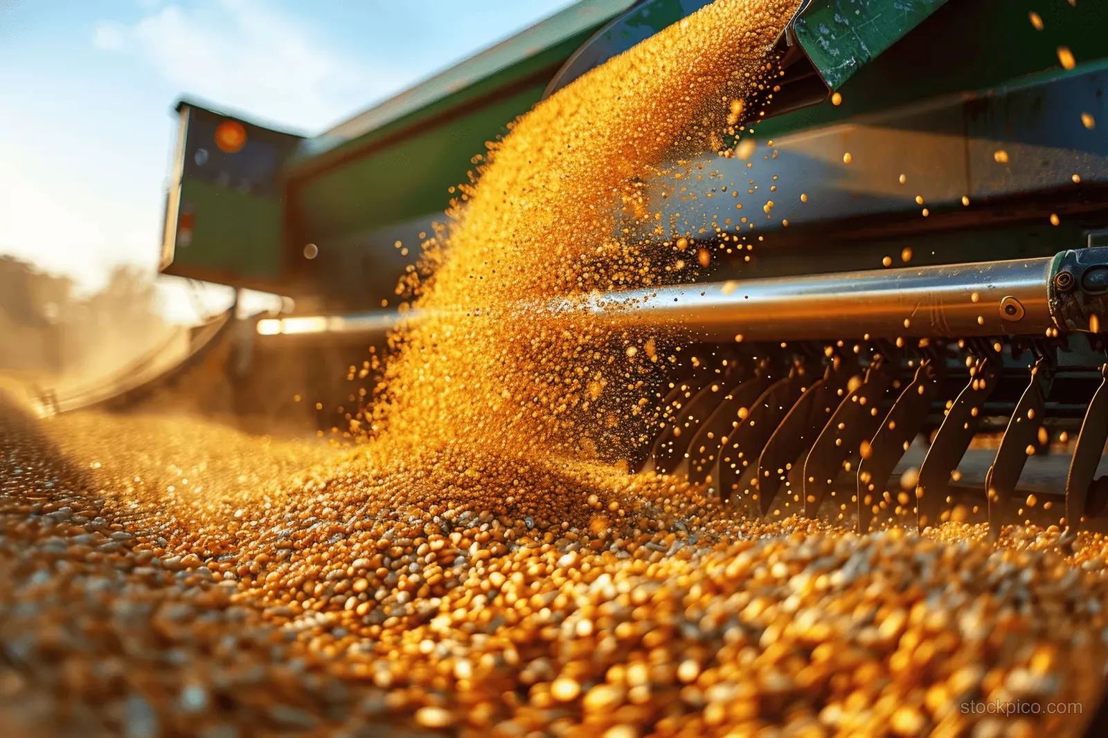A harvester unloads corn kernels into a trailer under warm afternoon sunlight with grain dust flying.
