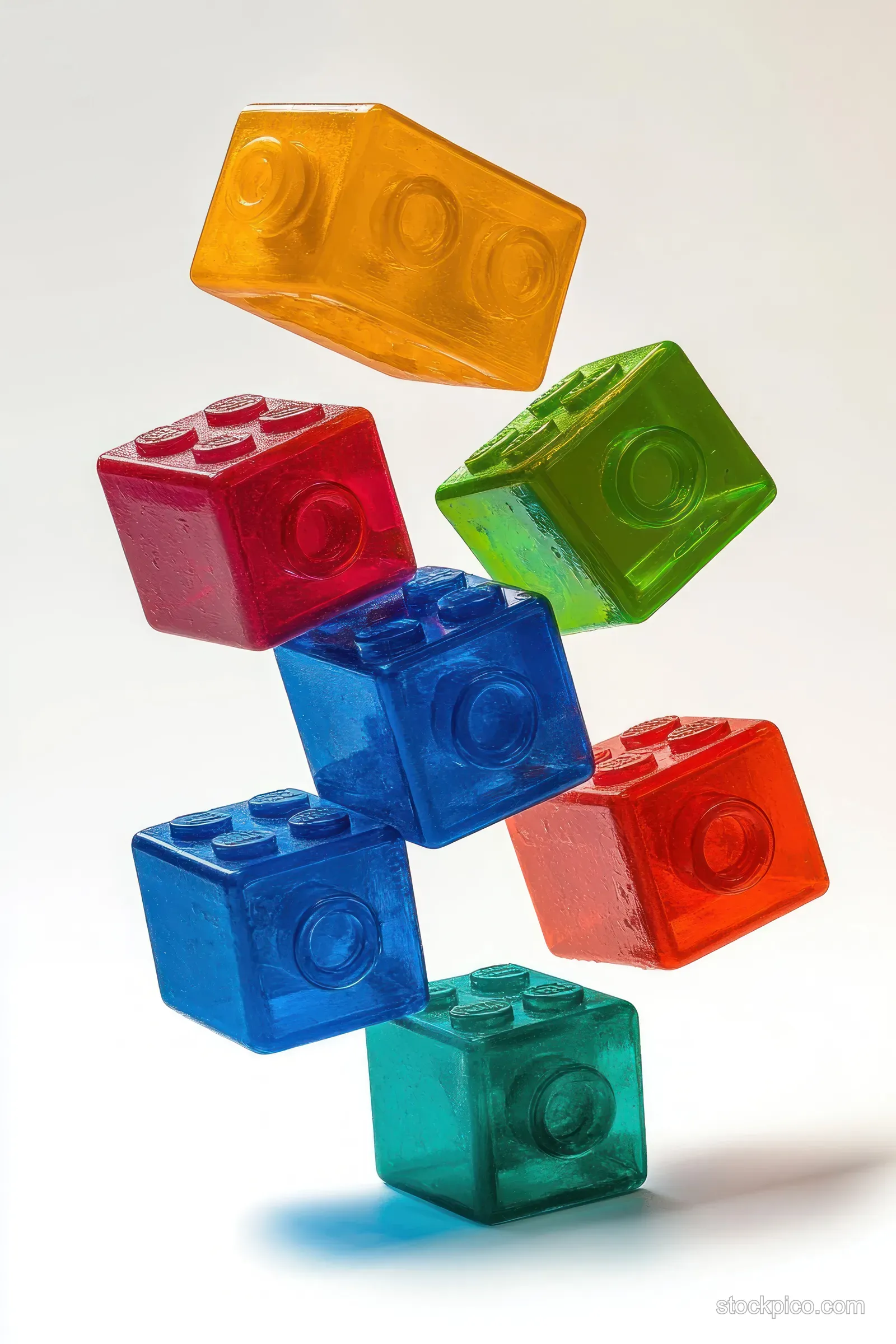 Colorful translucent building blocks are stacked and hovering on a plain white background.