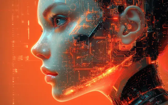 Female humanoid robot profile with glowing orange-red circuitry lights and reflective metallic surface.