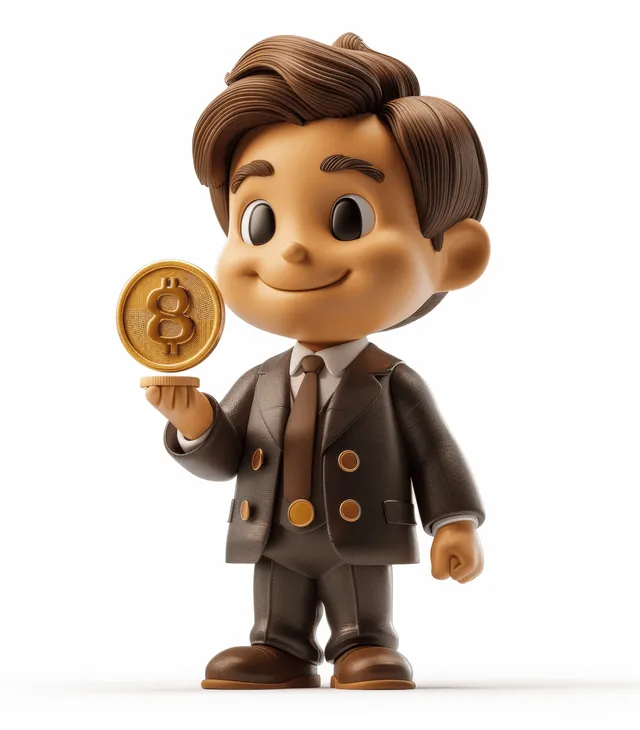 3D cartoon businessman smiling while holding a gold coin with a dollar sign