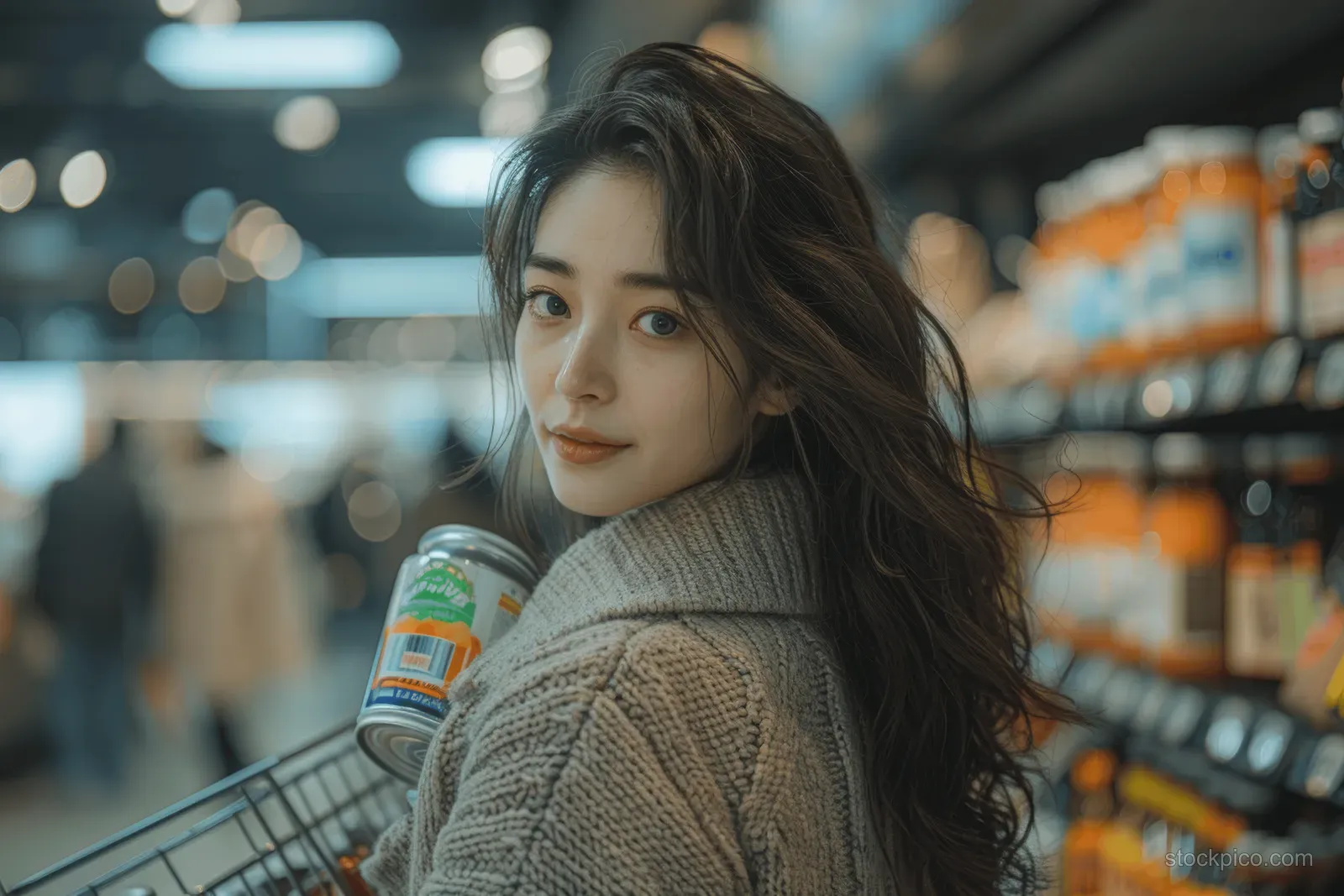 Woman in a supermarket aisle holds baby food jars and reads labels while comparing ingredients and prices.