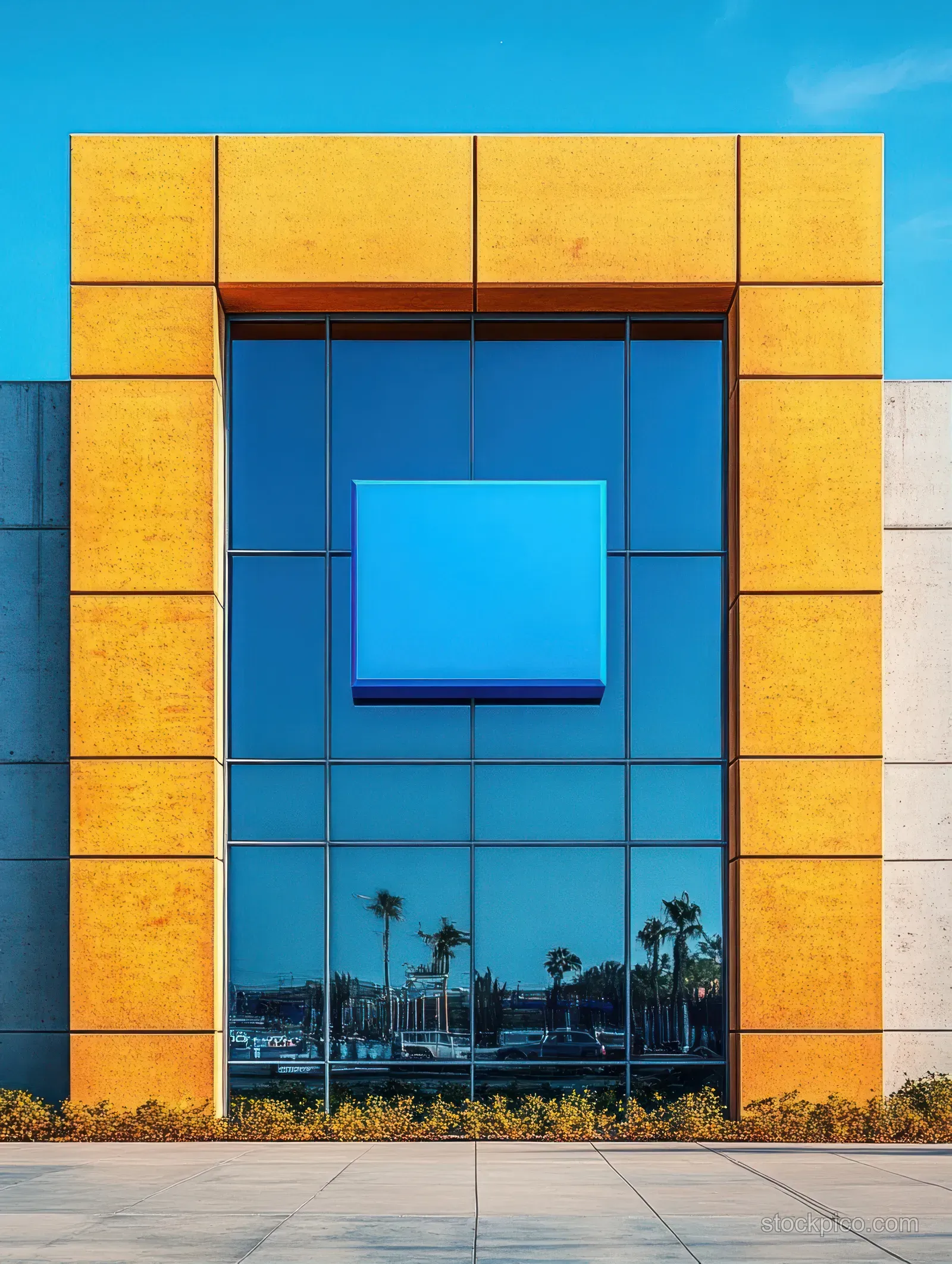 Sunlit building facade with a yellow frame around reflective blue glass windows showing palm trees and clear sky.