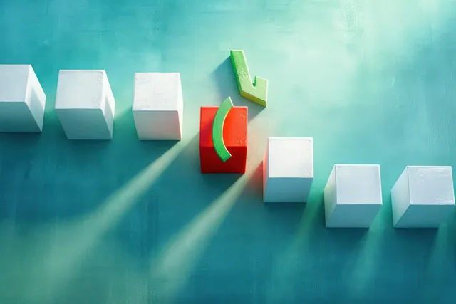 Red cube stands out among white cubes with green curved pieces and long cast shadows