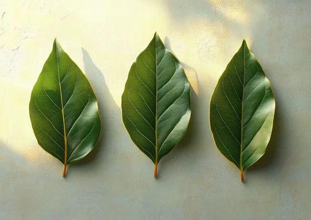 Three Green Leaves in a Row on a Textured Light Surface