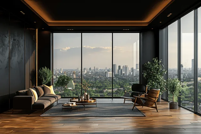 Luxury living room with floor-to-ceiling windows framing a panoramic city skyline and indoor greenery.