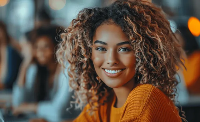 Curly-haired high school student studying at desk with blurred classroom lights behind