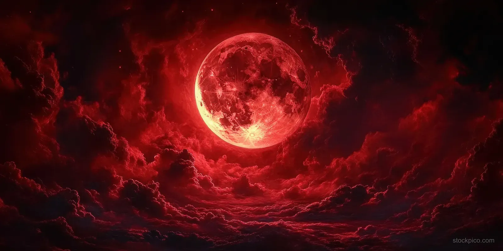 Blood-red full moon shines through thick storm clouds over a dark fantasy night sky.
