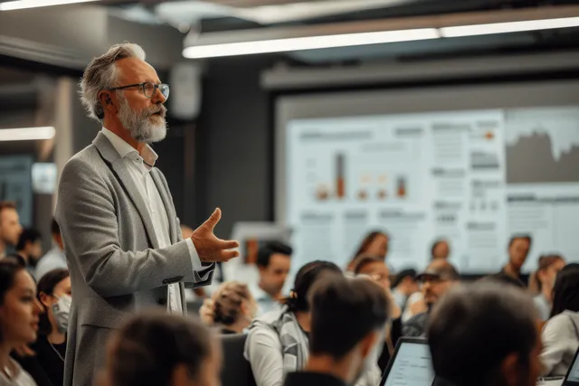An elderly speaker gestures toward projected charts while attendees watch during a seminar in a classroom.