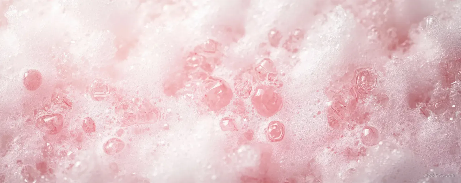 Foam bubbles cluster on a soft pink surface with a delicate soapy film texture.