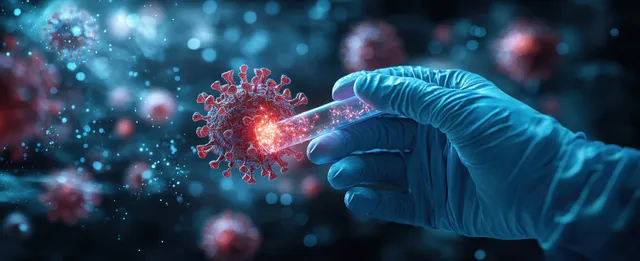 Blue-gloved hand hovering near glowing virus particles in a dark futuristic laboratory background.