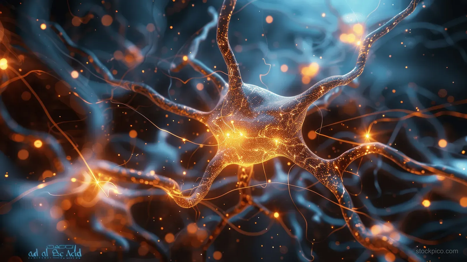 Glowing orange and light-blue connections link neuron cells within dark brain tissue in a close-up view.