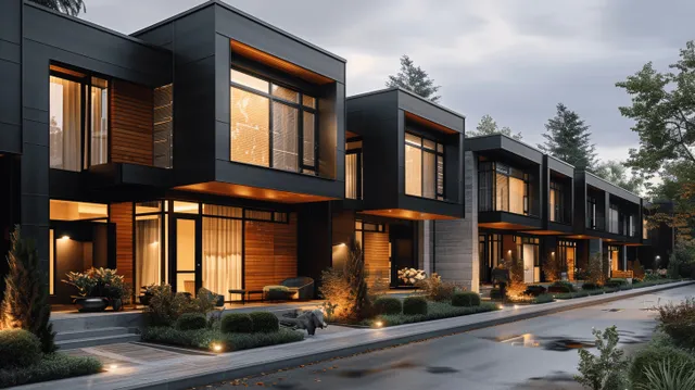 Modern black townhouses with wooden accents and warm lit windows line a driveway in evening dusk light.
