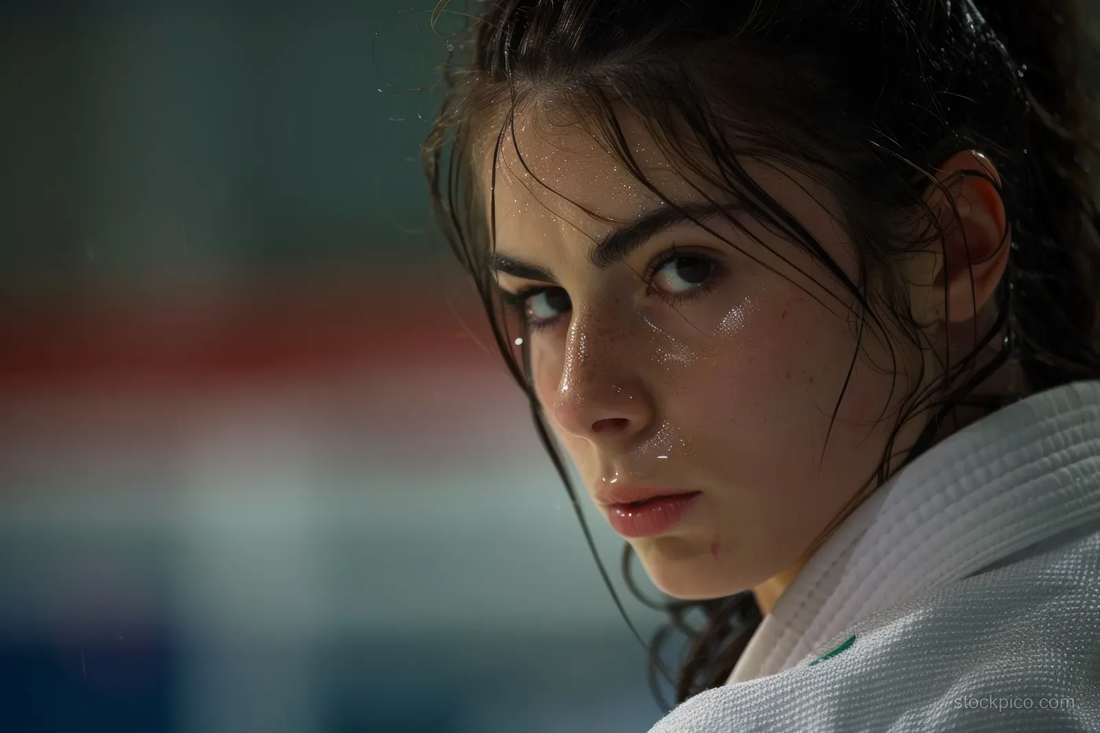 Female judoka in a white gi holding a tense focused expression before a judo match, sweat visible.