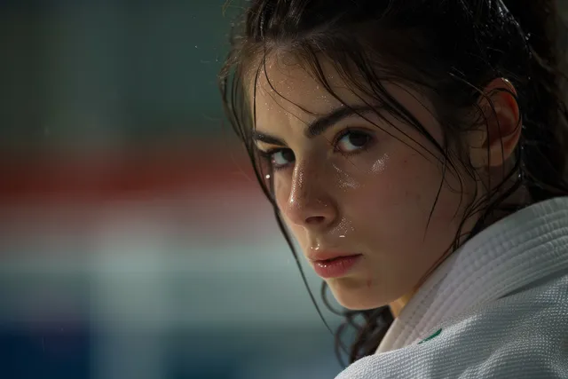 Female judoka close-up with intense focus, sweat and gi collar before competition bout