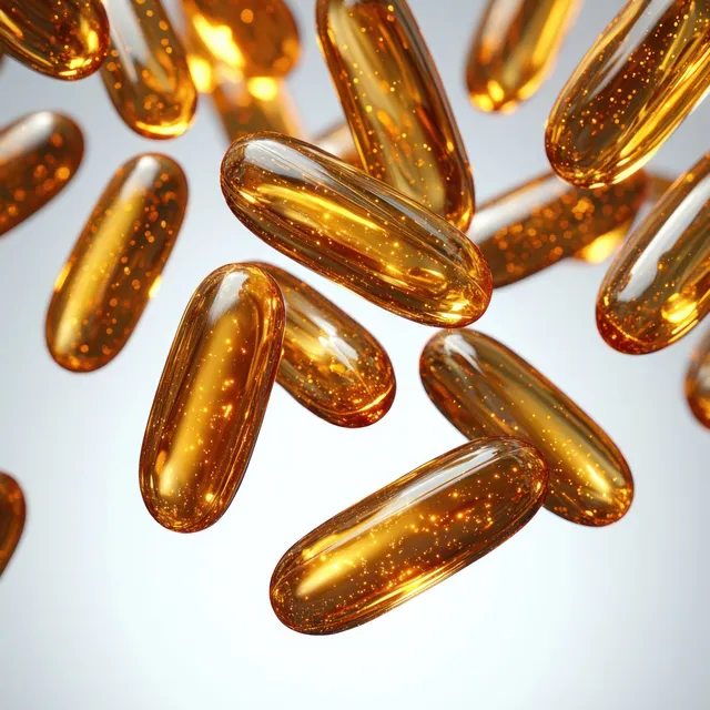 Translucent golden capsules float in soft light with sparkling particles suspended inside.
