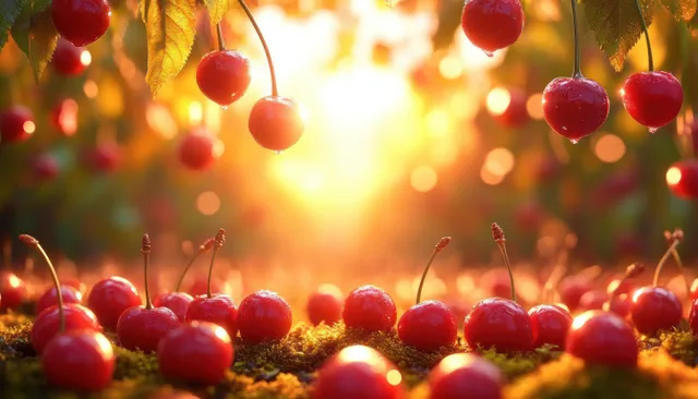 Ripe red cherries covered with dew sit on moss beneath glowing golden sunrise light.