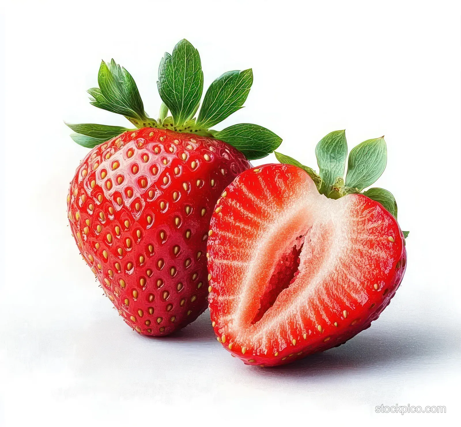Whole red strawberry with green leaves next to a halved strawberry revealing juicy red interior on a white background.