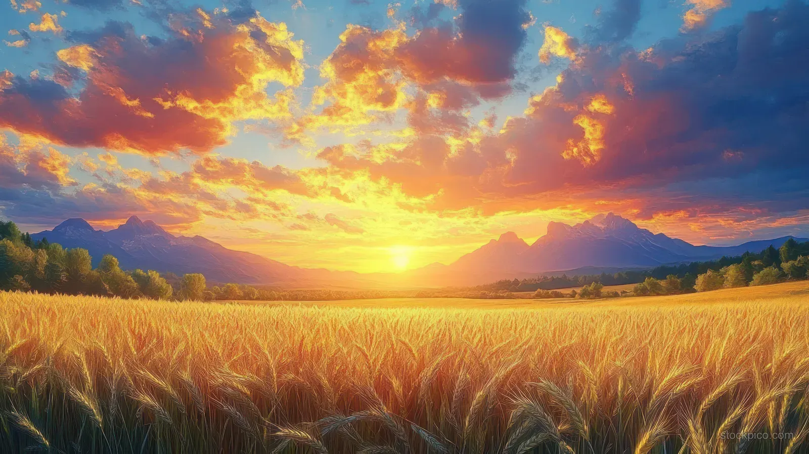 Golden wheat heads sway in a sunlit field as a glowing sunset breaks through colorful clouds above distant mountains.