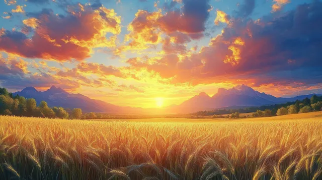 Golden wheat heads sway in a sunlit field as a glowing sunset breaks through colorful clouds above distant mountains.