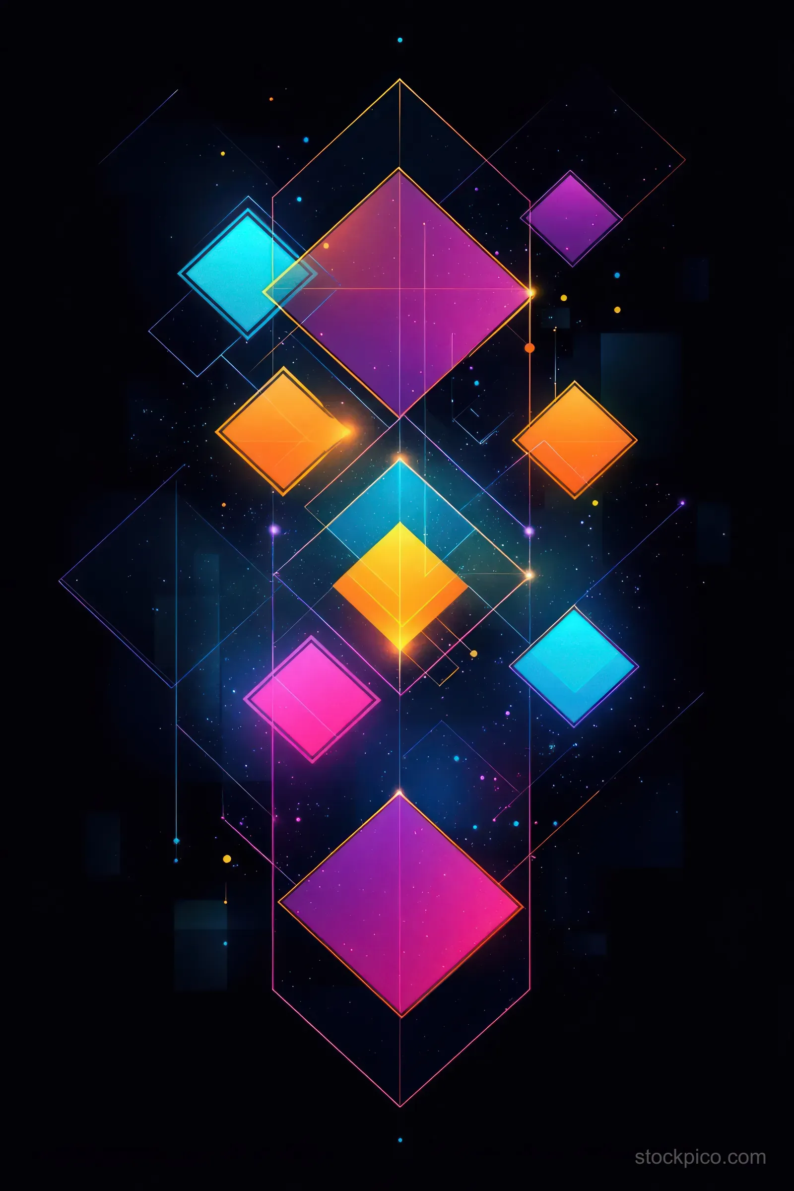 Neon diamond shapes in pink, blue, and orange connected by fine glowing lines over a dark space-like background.