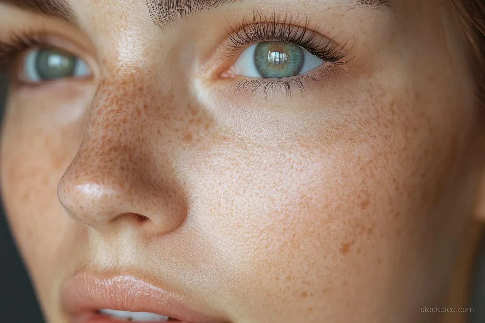 Close-up comparison showing skin texture changes, including reduced freckles, pores, wrinkles, and improved smoothness after treatment.