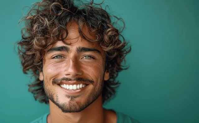 Smiling curly-haired man in green shirt, studio portrait against teal solid background
