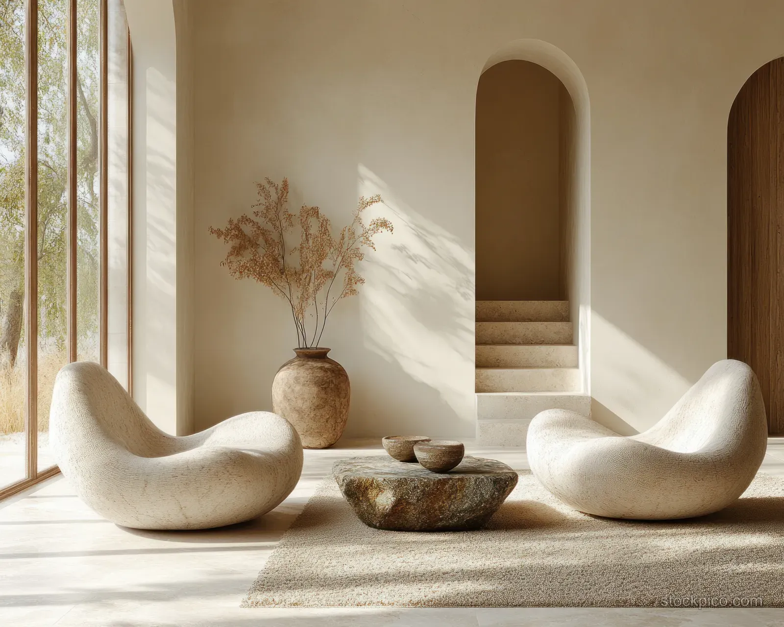 Sunlight fills a minimalist Scandinavian living room with curved armchairs around a stone coffee table near arched shelving.