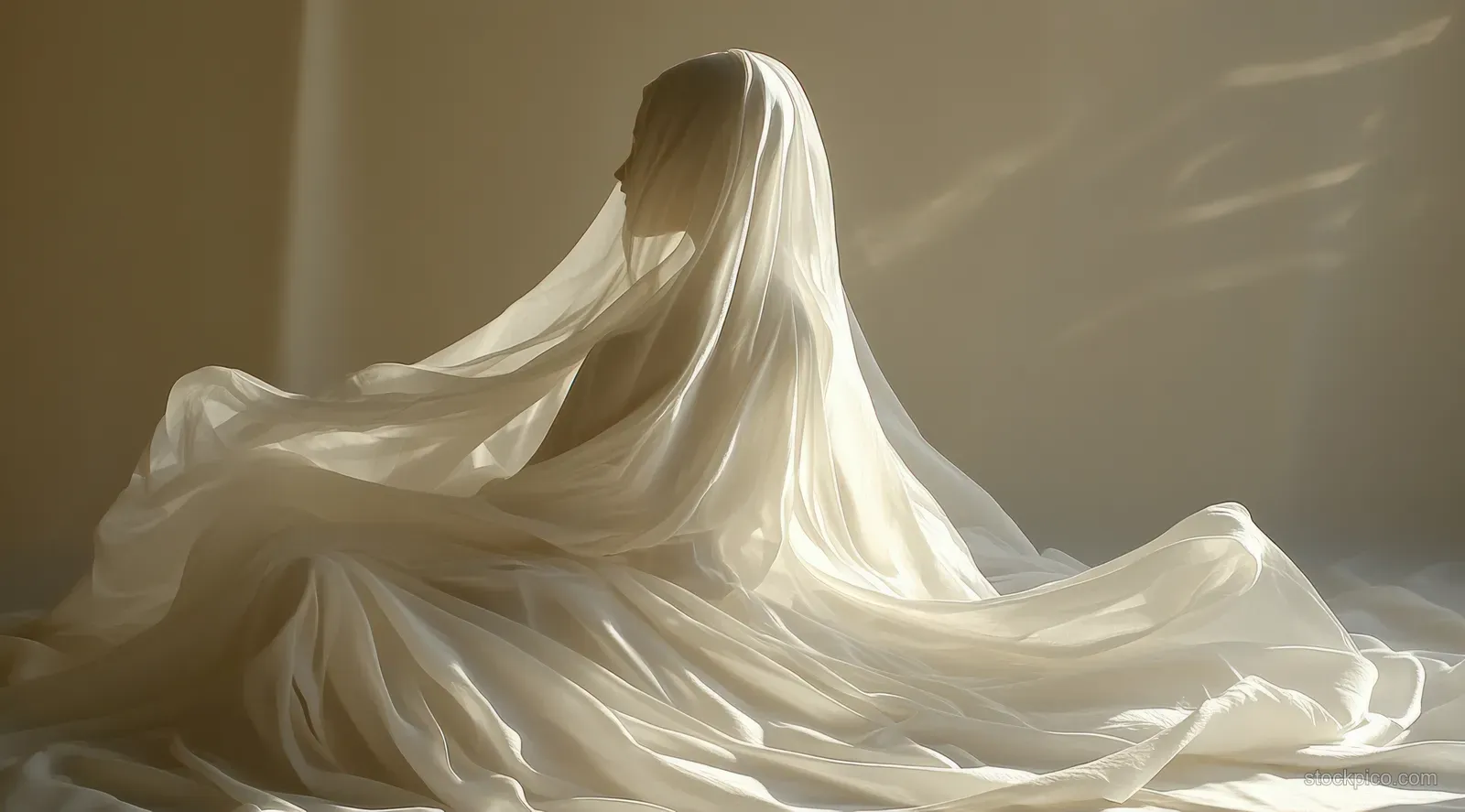 Slim woman wrapped in flowing white fabric poses in a minimal studio with soft light and shadows.