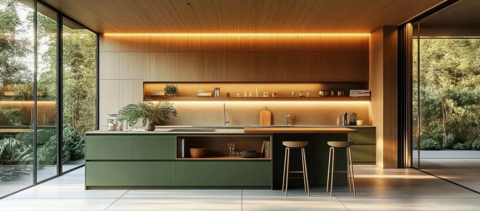 Warm modern kitchen with a green island, wooden stools, and glass doors opening to a lush garden.