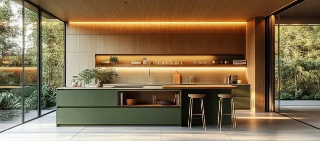 Warm modern kitchen with a green island, wooden stools, and glass doors opening to a lush garden.