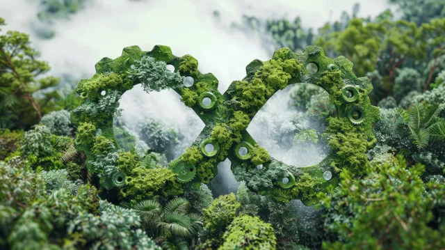 A moss-covered infinity symbol stands in a misty forest.