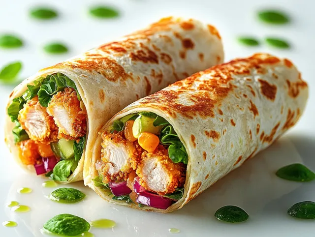 Two crispy chicken wraps on a white plate with lettuce, red onion, corn, cucumber, and green sauce drops.