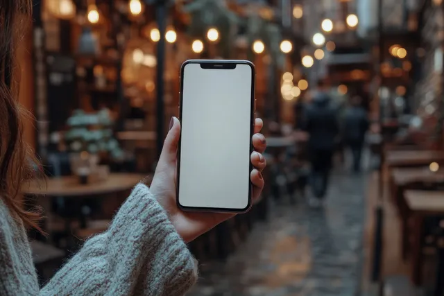A hand holds a smartphone showing a blank screen in a cozy cafe with warm blurred lights behind.