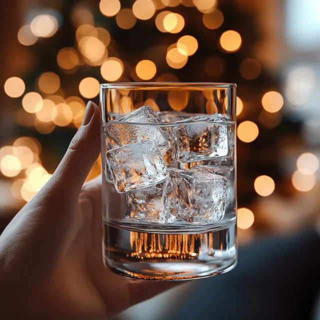 Hand holding a clear glass of ice cubes with warm bokeh lights at night with Ice And Cooling