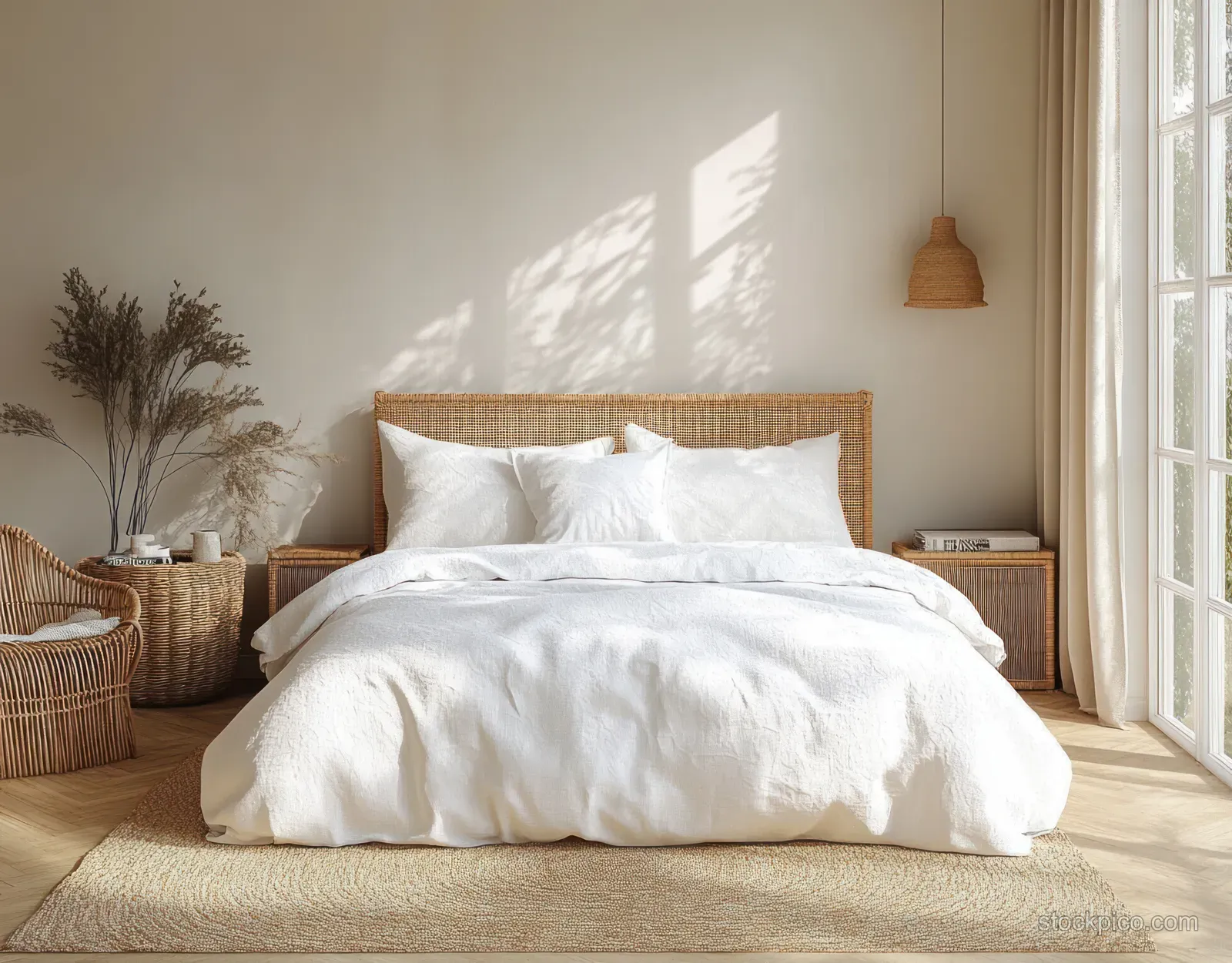 White bed with rattan bedside pieces in a bright Scandinavian bedroom with window sunlight and soft shadows.