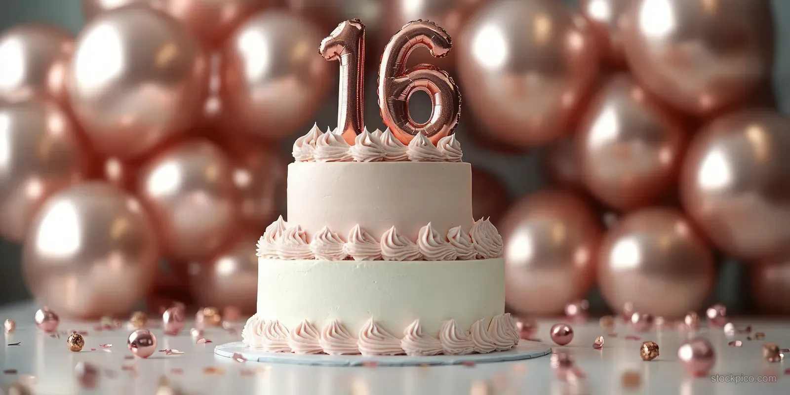 Two-tier cream birthday cake with light pink frosting topped by number sixteen and surrounded by metallic and pink balloons.
